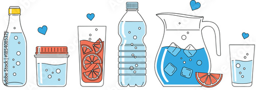 Healthy hydration drinks vector set with water bottles, citrus infused beverages, pitcher, jars, glasses illustration