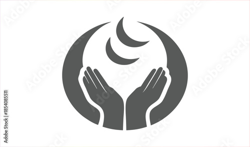 Crescent Moon Over Open Hands Symbolizing Hope, Spirituality, and Prayer in a Circular Emblem