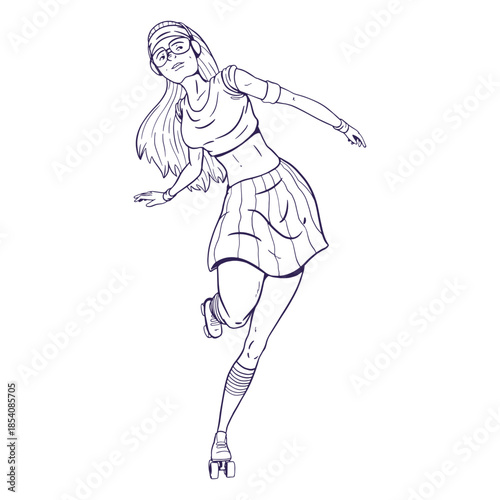 Girl rollerskating character hand drawn