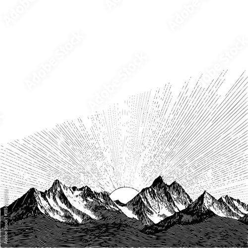 Illustration of mountain range with sunburst effect in black and white landscape scenery design style