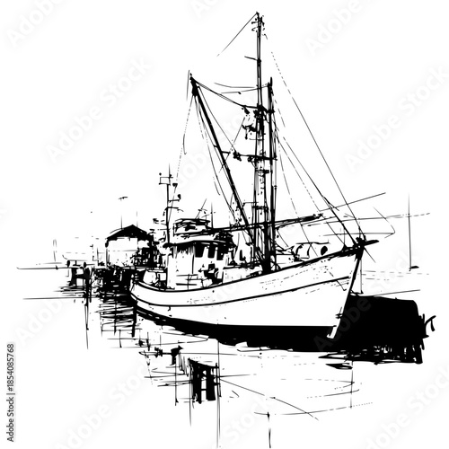Illustration of a fishing boat docked near a pier with masts and rigging in black and white style