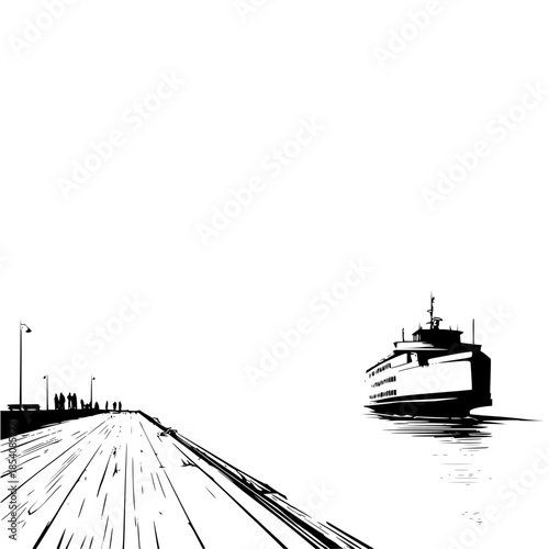A ferry boat approaches a pier with people waiting under a street lamp in a stark black and white scene