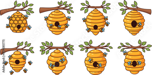 Honey beehive vector illustration set with hanging hives, bees and tree branches in cute cartoon style