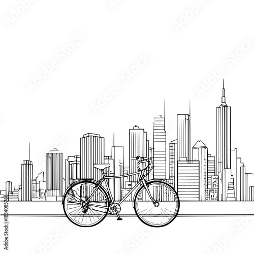 A bicycle is parked in front of a city skyline with tall buildings and skyscrapers in black and white style