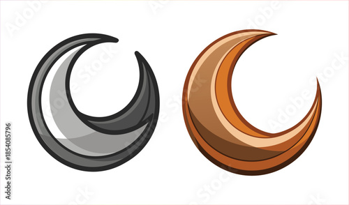 Two stylized crescent moons, one grey and metallic, the other warm orange, side by side