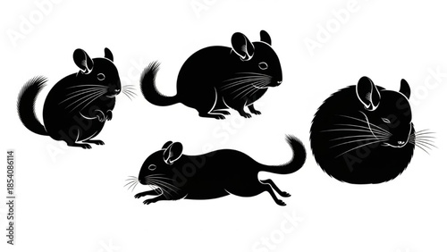 Black Chinchilla Silhouette Vector Showing Sitting Standing Running and Curled Sleep Poses