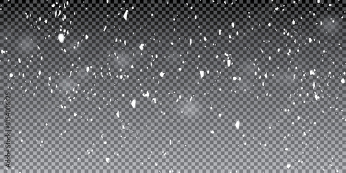 Winter background, falling snow over winter landscape with copy space. Realistic snowfall overlay on transparent background. White winter snowflakes and frosty dust texture for festive and seasonal de