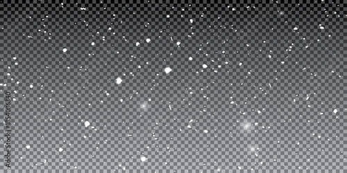 Falling snowflakes out of focus on transparent background for overlay blending mode. Snowing, snowfall, snow on black, selective focus