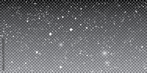 Falling snowflakes out of focus on transparent background for overlay blending mode. Snowing, snowfall, snow on black, selective focus