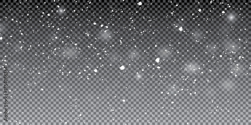 Falling snowflakes out of focus on transparent background for overlay blending mode. Snowing, snowfall, snow on black, selective focus