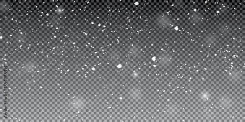 Bokeh white snow on a transparent background. Realistic snowfall overlay on transparent background. White winter snowflakes and frosty dust texture for festive and seasonal design.
