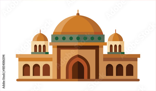Flat Design Mosque Building with Domes and Arches on White Background, Vector Illustration
