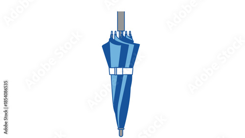 Closed blue umbrella with strap secured against white background.