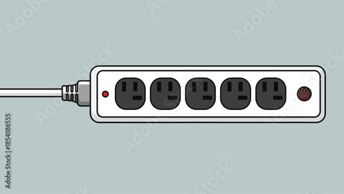 Illustration of a power strip with multiple electrical outlets and a power switch.