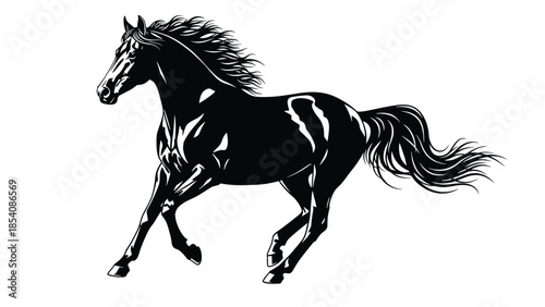 Black And White Running Horse Vector Illustration Of A Galloping Stallion With Long Mane Isolated On White Background For Design
