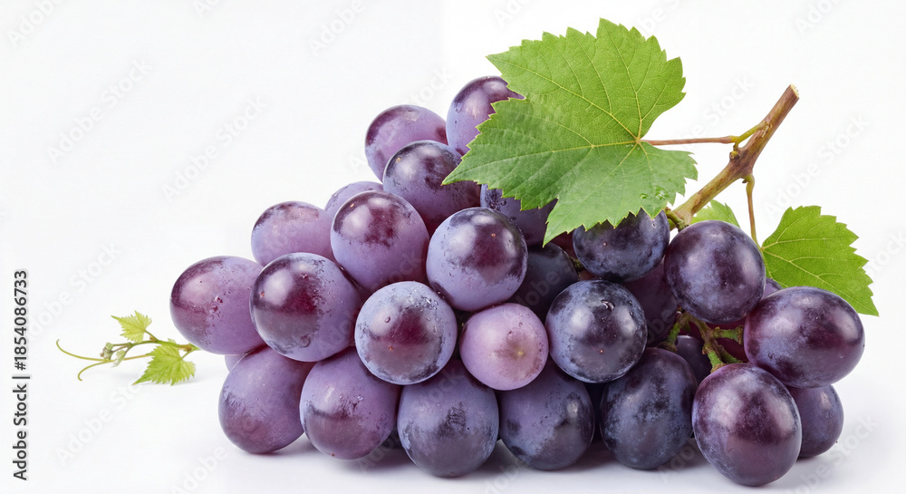 Fototapeta premium Fresh Purple Grapes with Green Leaves Isolated on White Background