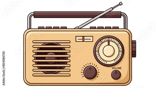Vintage style retro radio with dial and antenna in beige color.