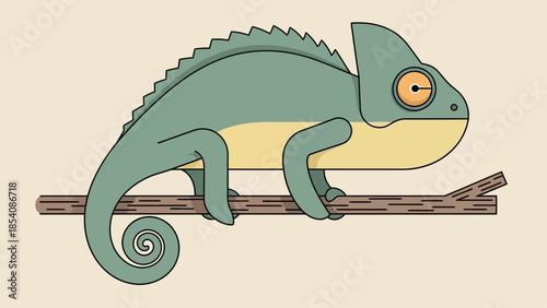 Illustration of a green chameleon perched on a brown branch.