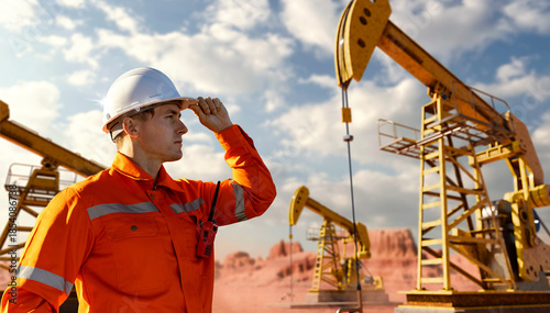 Tableau sur toile Oil field worker on duty promoting energy security on Labor Day