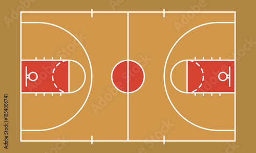 Basketball Court Vector Diagram Top View with Standard Floor Markings and Hardwood Texture