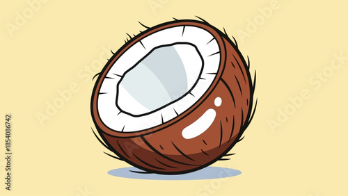 Illustration of a halved coconut fruit showing white flesh inside with brown outer shell.