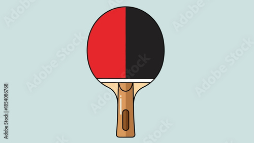Table tennis paddle with red and black rubber on wooden handle against light background.