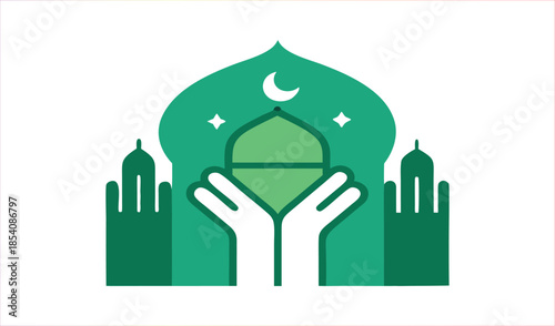 Islamic Mosque Dome with Crescent Moon and Hands in Prayer Offering Gratitude and Devotion