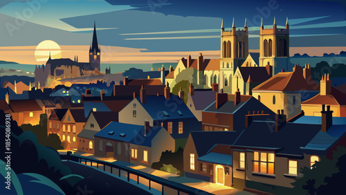 Very beautiful night view of York in Yorkshire, highlighting historic streets, illuminated architecture, and a timeless English atmosphere beneath a dark, tranquil evening sky.