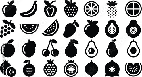 Black fruit icon set collection, flat silhouette food symbols, apple banana orange pineapple avocado berry citrus healthy organic vector illustration