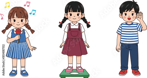 Kids daily activities vector illustration set with singing, weighing and greeting gestures in cute cartoon style