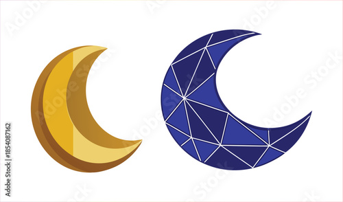 Two crescent moons, one golden and smooth, the other blue and geometric, on white background