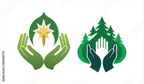 Green Hands Holding Nature Symbols: A Star and Trees, Representing Growth and Protection