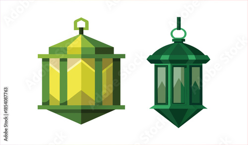 Two Green Islamic Lanterns Hanging in a Flat Design Style Illustration