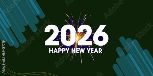Happy New Year 2026 celebration greeting card design with a black word vector illustration and sale text label symbol for business and holiday decoration