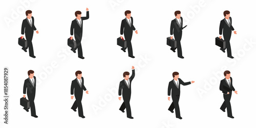 Isometric businessmen walking with briefcases in various poses and perspectives