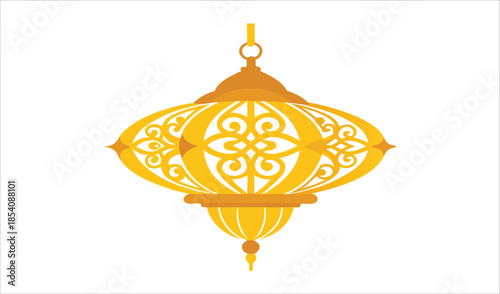 Intricate Golden Islamic Lantern with Arabesque Patterns Hanging Decor Element for Ramadan Celebrations