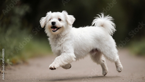  Happy white Maltese running on path