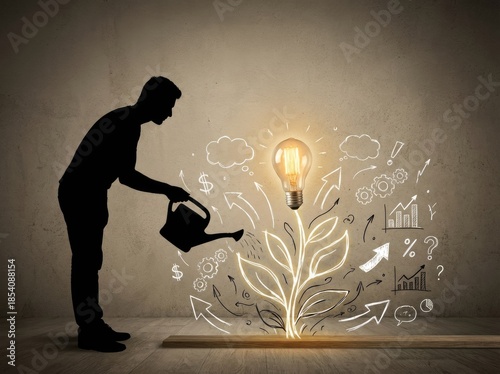 Silhouette of a man watering a glowing lightbulb plant with business charts and arrows
