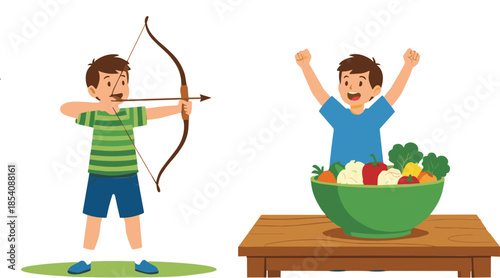 Kids healthy lifestyle activities vector illustration with child practicing archery sport and celebrating fresh vegetable food
