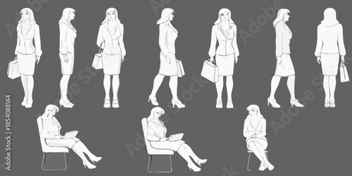 Stylish businesswomen in various poses and outfits a fashion illustration collection