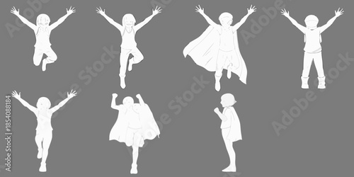 Silhouettes of children in dynamic poses suggesting movement and joyful play