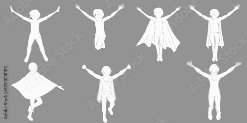 Stylized figures with outstretched arms and capes in a minimalist design