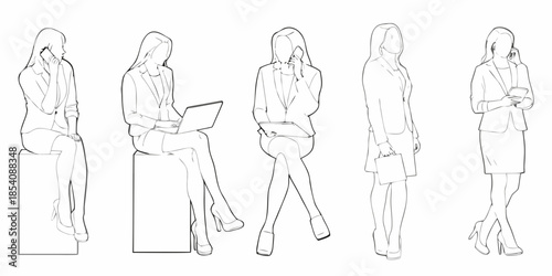 Line art illustration of five women in business attire in various poses