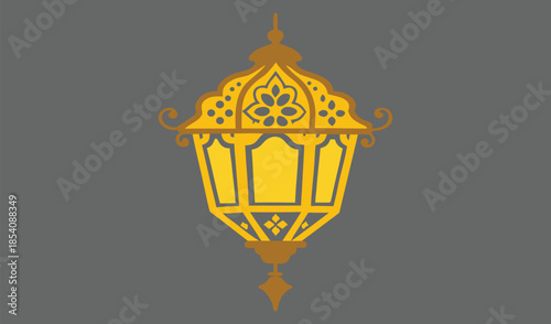 Ornate Islamic Lantern Hanging with Intricate Golden Details Against a Neutral Gray Background