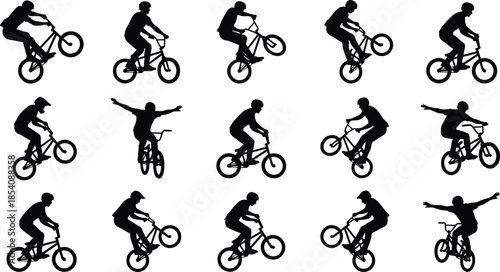 BMX rider silhouettes, extreme sports vector, freestyle bike tricks, stunt cycling poses, BMX jump illustration, action sport artwork, urban biking