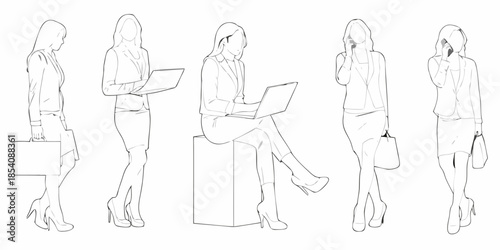 Line art illustration of women in business attire various poses and activities