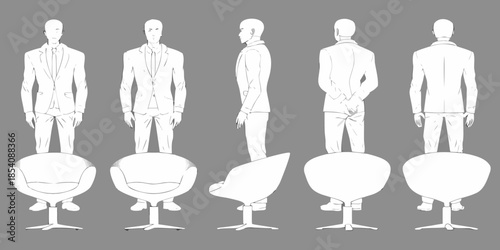 Minimalist illustration of male figures in suits and accompanying chair designs