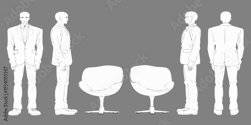 Stylized illustration of men in suits and modern chairs on gray background