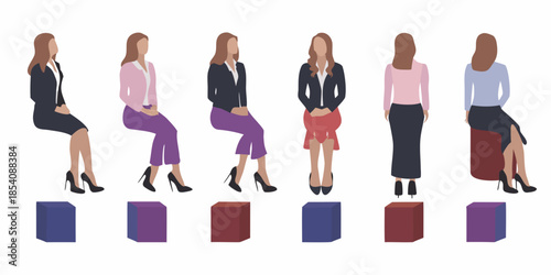 A collection of women in various business attire seated on colorful blocks