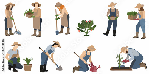 Gardeners cultivating plants and flowers in a cheerful illustrative style